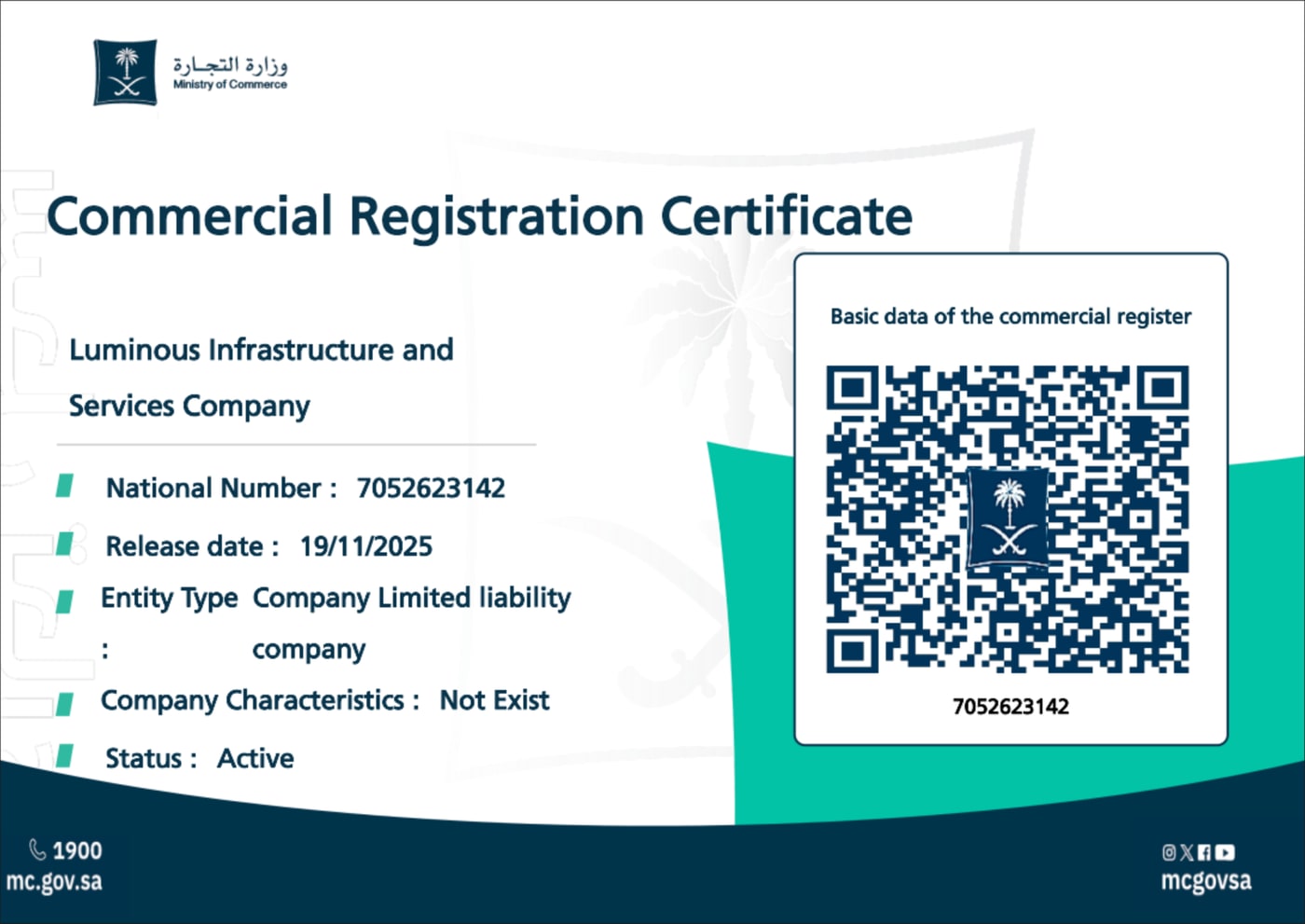 Commercial Registration Certificate for Luminous Infrastructure and Services Company, issued by the Ministry of Commerce