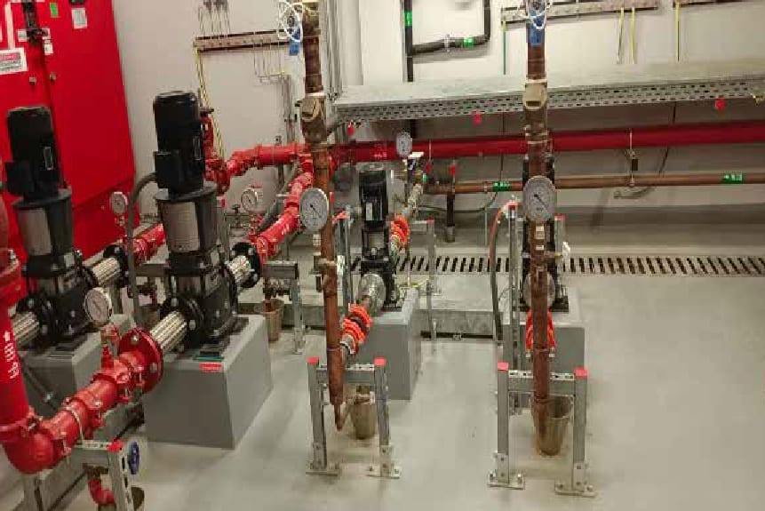 Fire pump room pipework and control valves