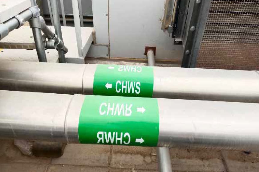 Chilled water supply and return pipework with identification markers